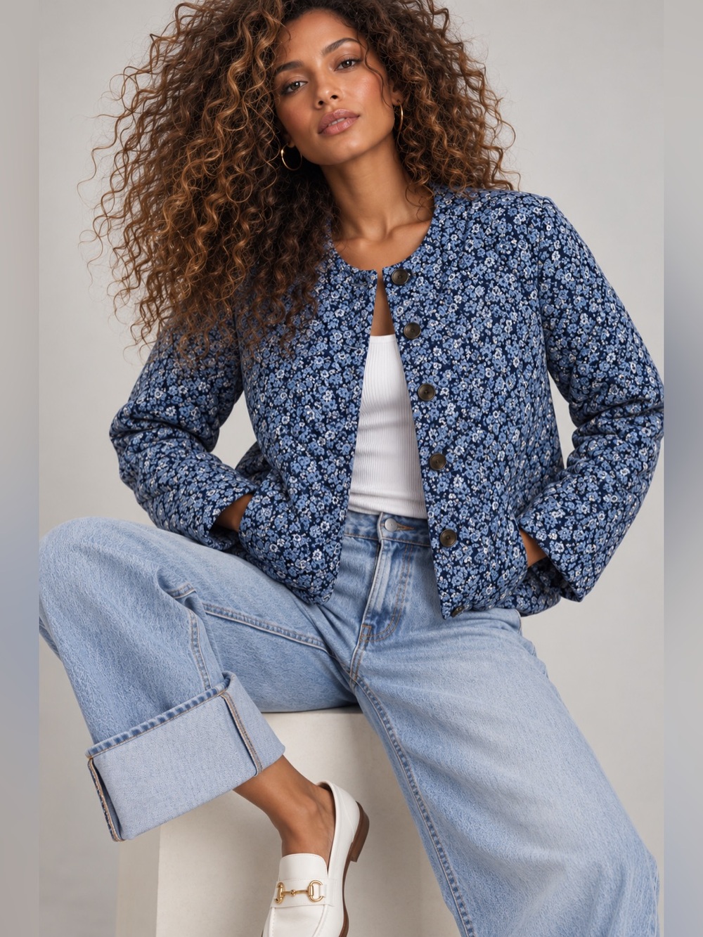 J.Crew Cottagecore Floral Quilted Blue Jacket - Women's Casual Coat Sz10